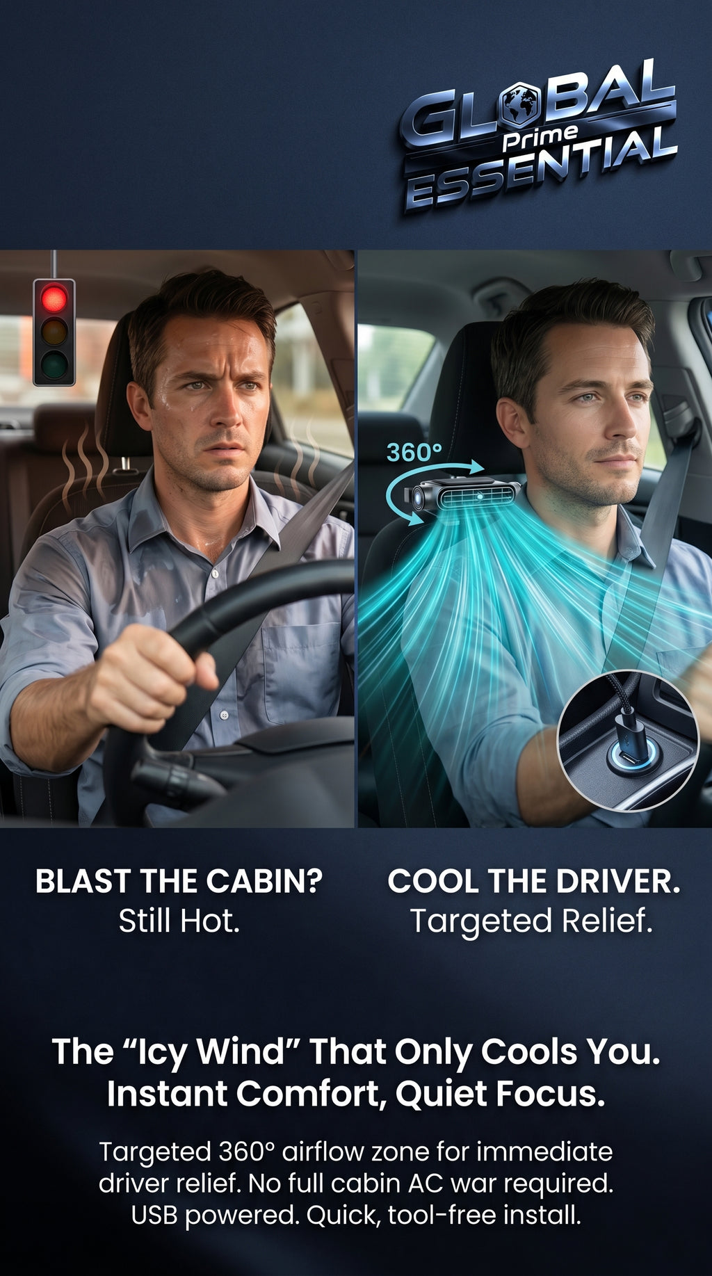 Global Prime Essential cooling car seat fan showing a compact fan attached to a car seat for instant cooling during hot weather.