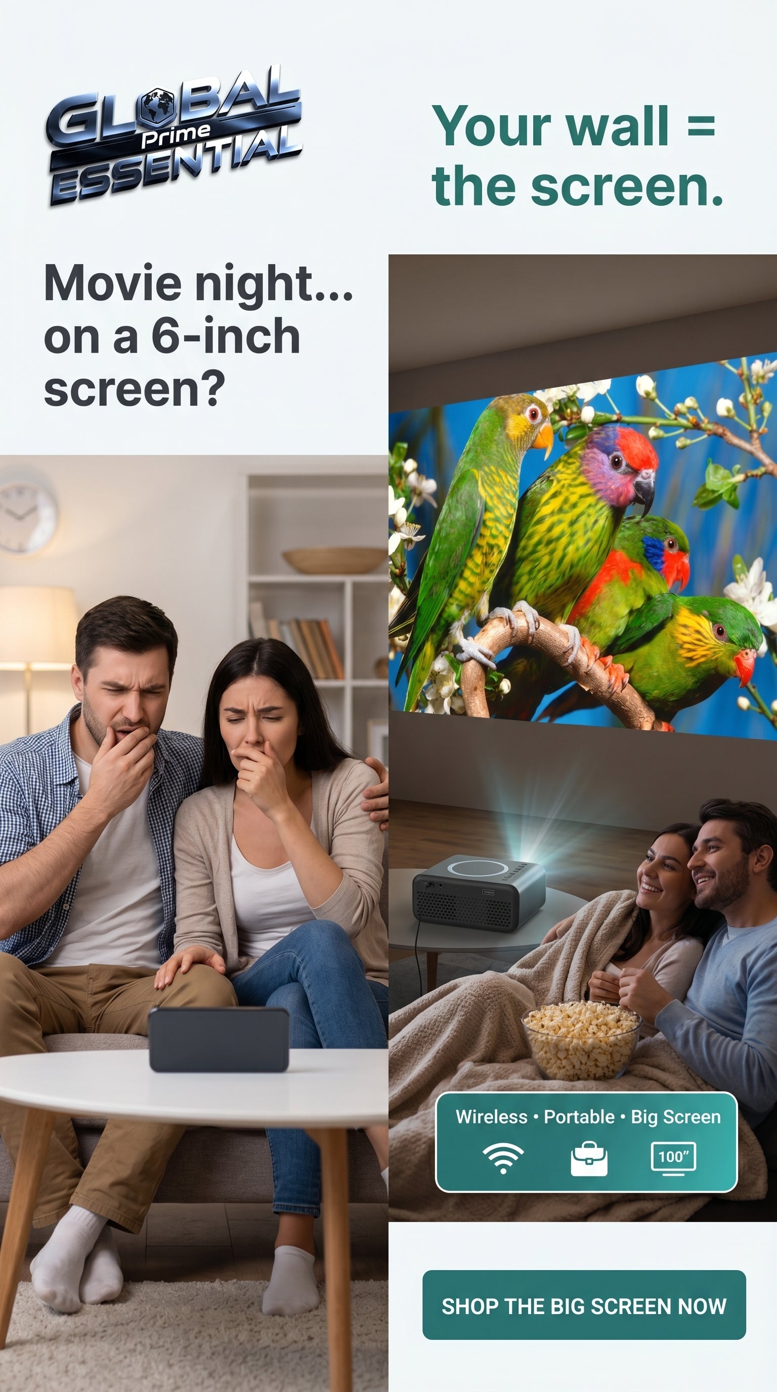 Mini LED wireless projector by Global Prime Essential displaying a vibrant movie scene on a wall, perfect for instant home cinema upgrades.