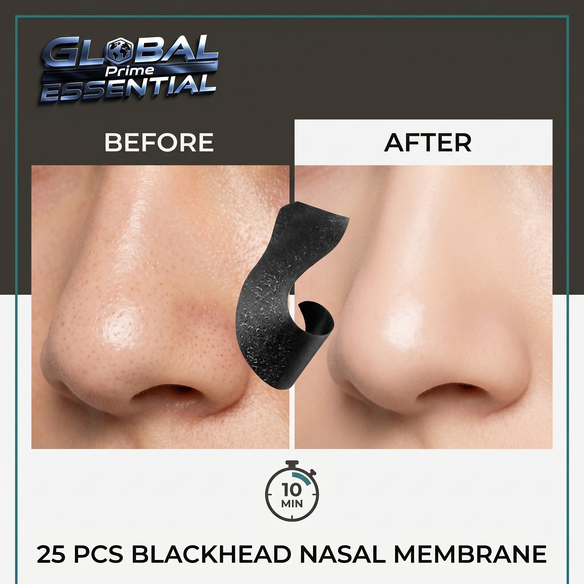 Global Prime Essential nose blackhead remover pore strips for deep cleansing and visible skin transformation in 10 minutes.