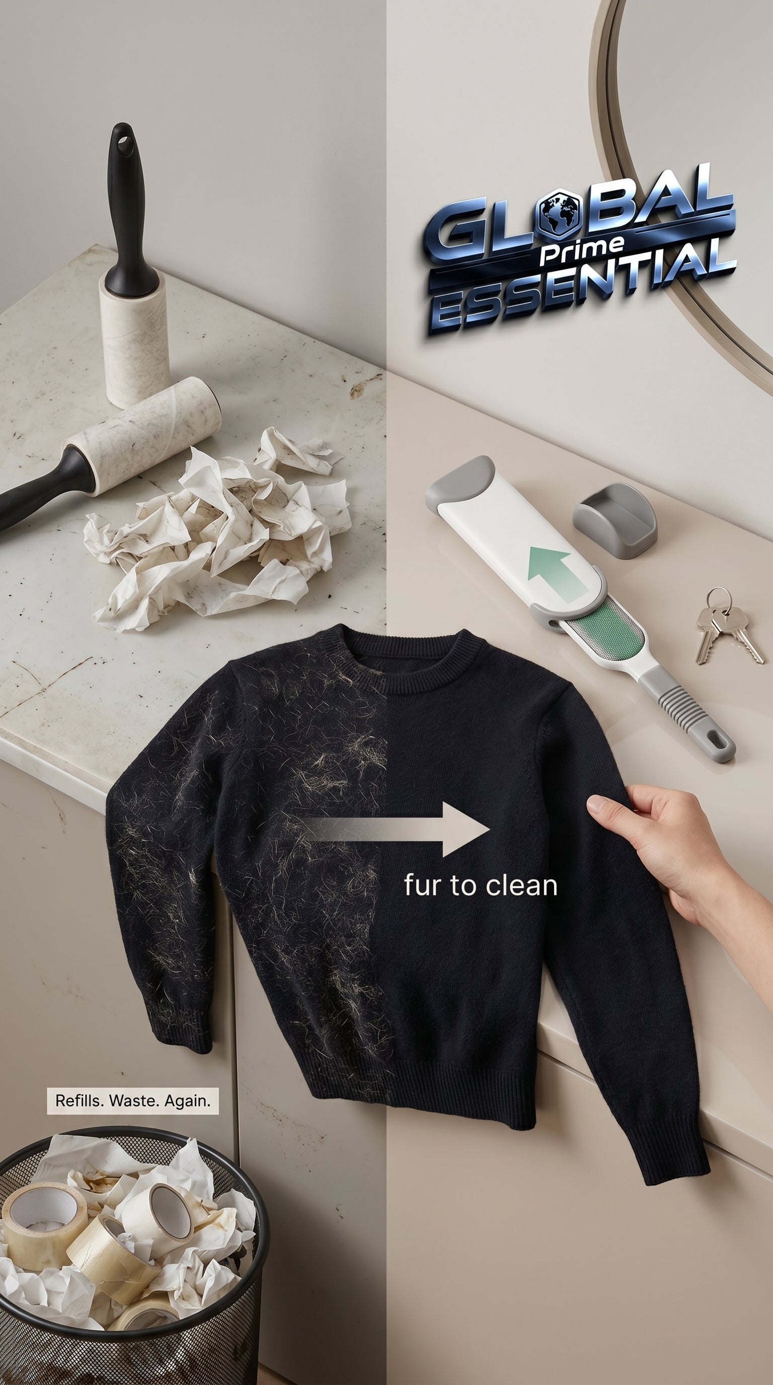 Global Prime Essential self-cleaning lint remover brush for pet hair and lint, reusable cleaning tool with no refills needed.