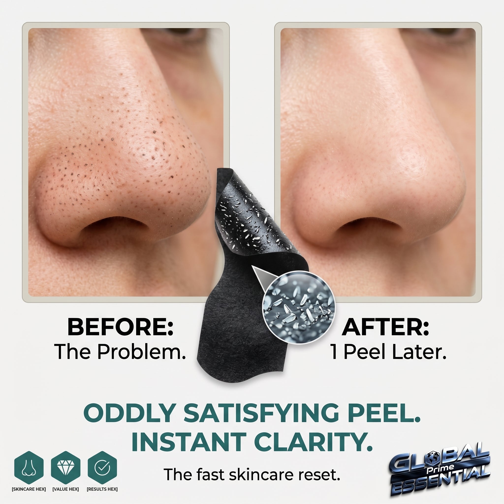 Global Prime Essential nose blackhead remover pore strips for deep cleansing and visible impurities removal in 10 minutes.