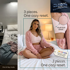 Women’s 3-Piece Knit Pajama Set – V-Neck Crop Top, Long Sleeve & Shorts, Cozy Loungewear