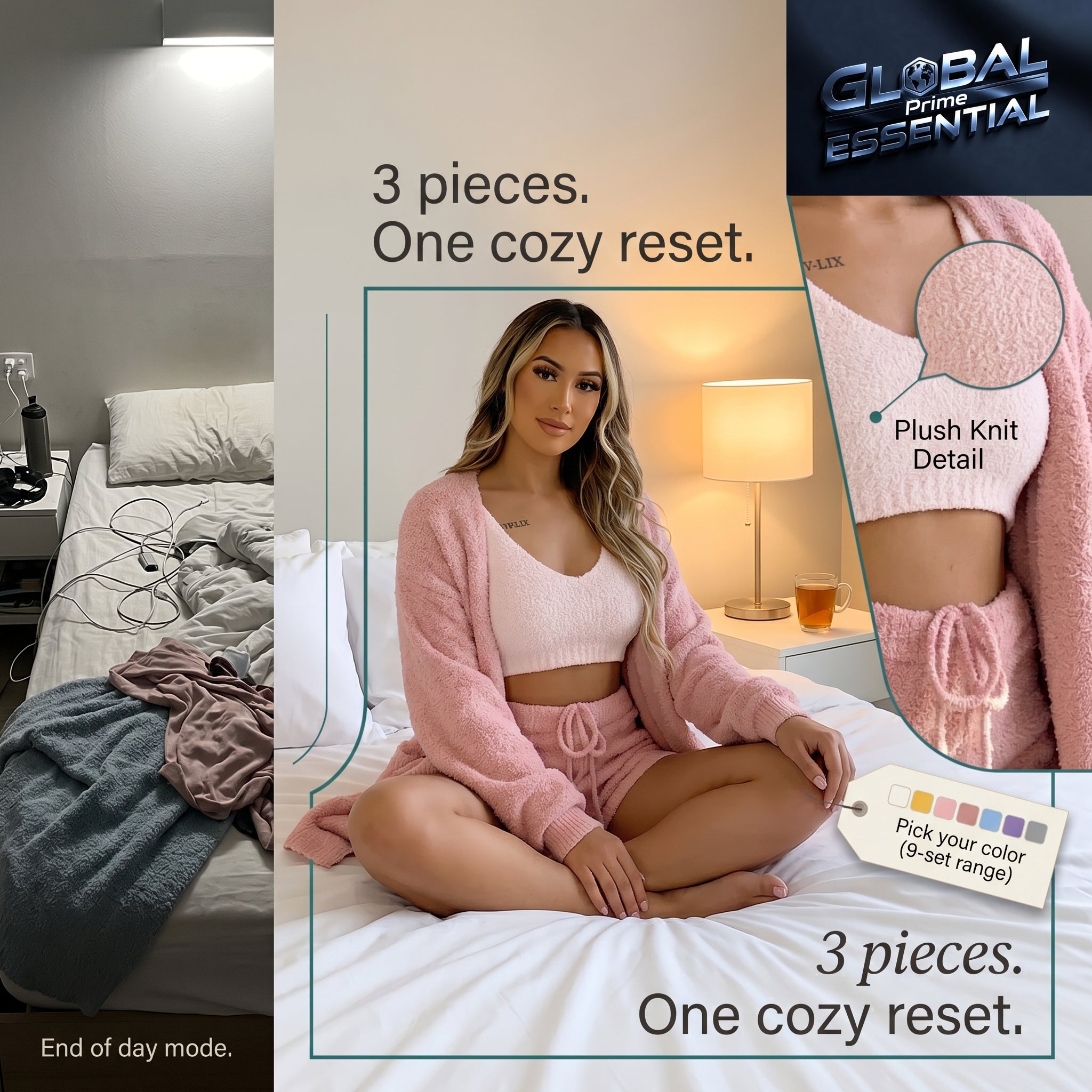 Women’s 3-Piece Knit Pajama Set – V-Neck Crop Top, Long Sleeve & Shorts, Cozy Loungewear
