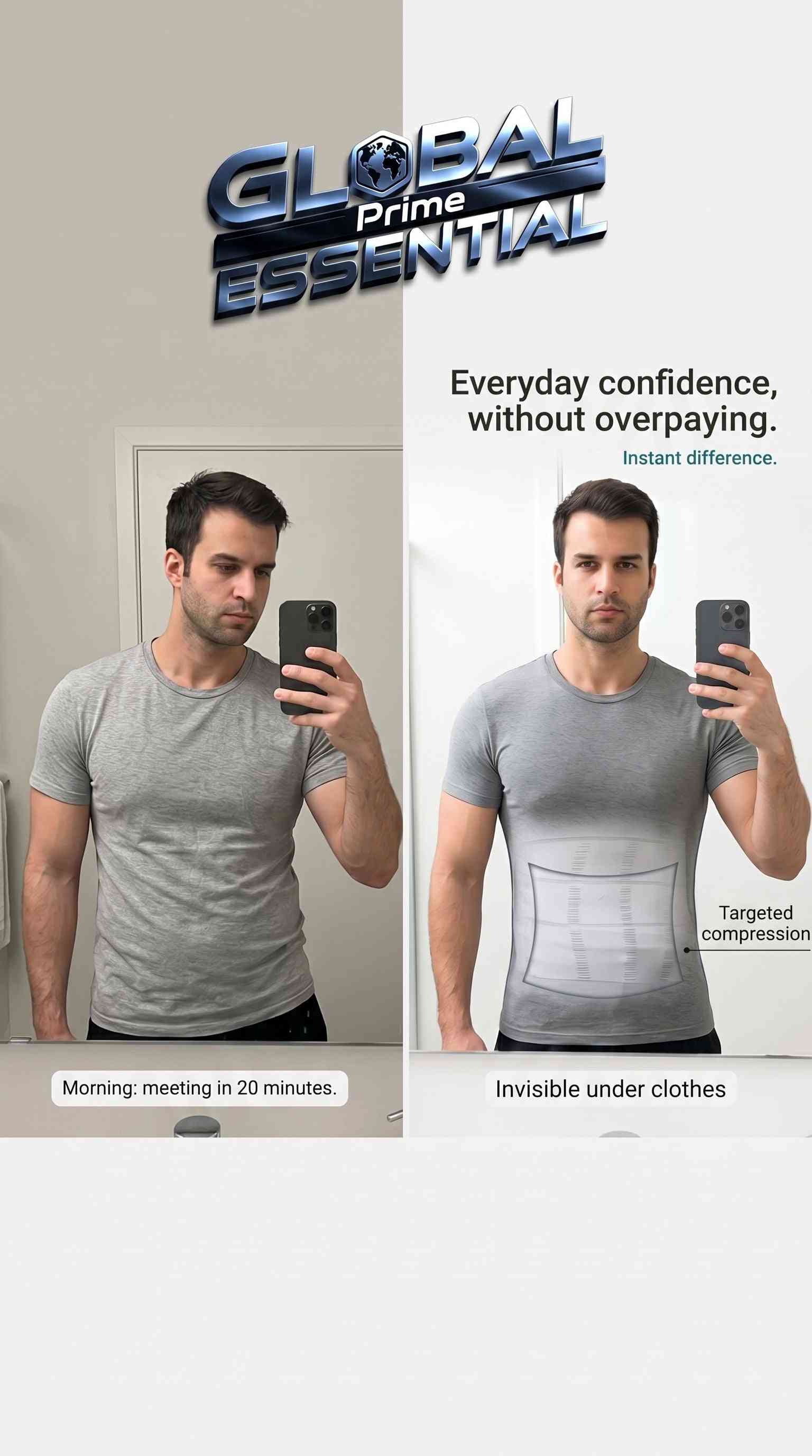 Men's slimming compression vest by Global Prime Essential, designed for chest flattening and tummy control shapewear.