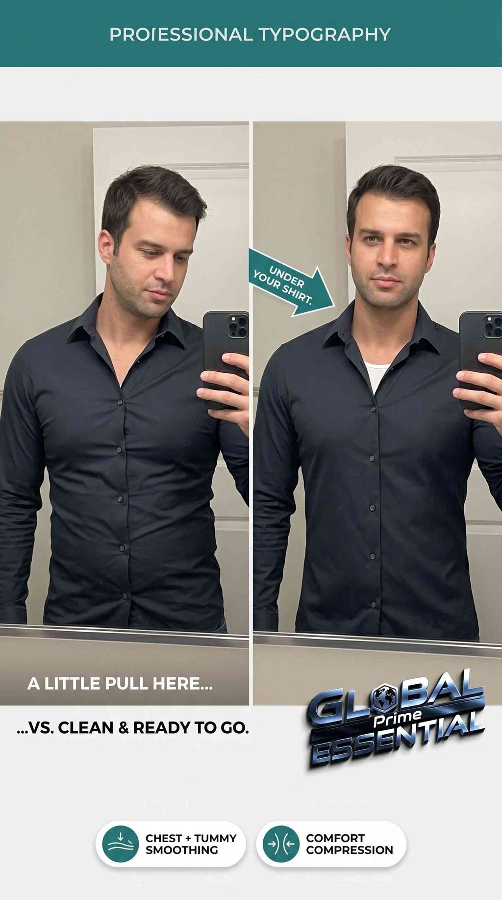 Men's slimming compression vest by Global Prime Essential, designed for chest flattening and tummy control shapewear.