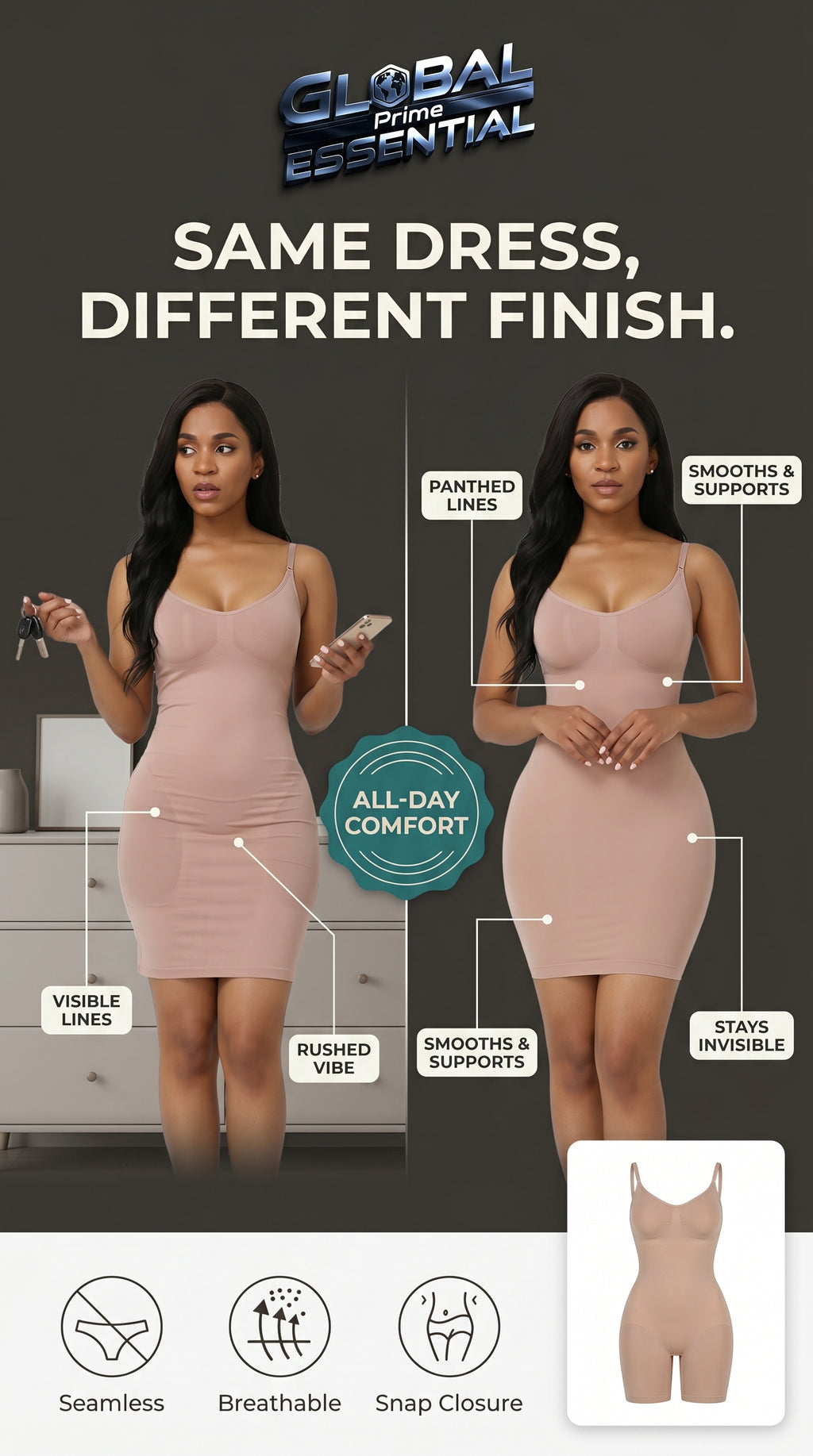 Global Prime Essential shapewear bodysuit providing instant confidence, smooth and invisible under clothing.