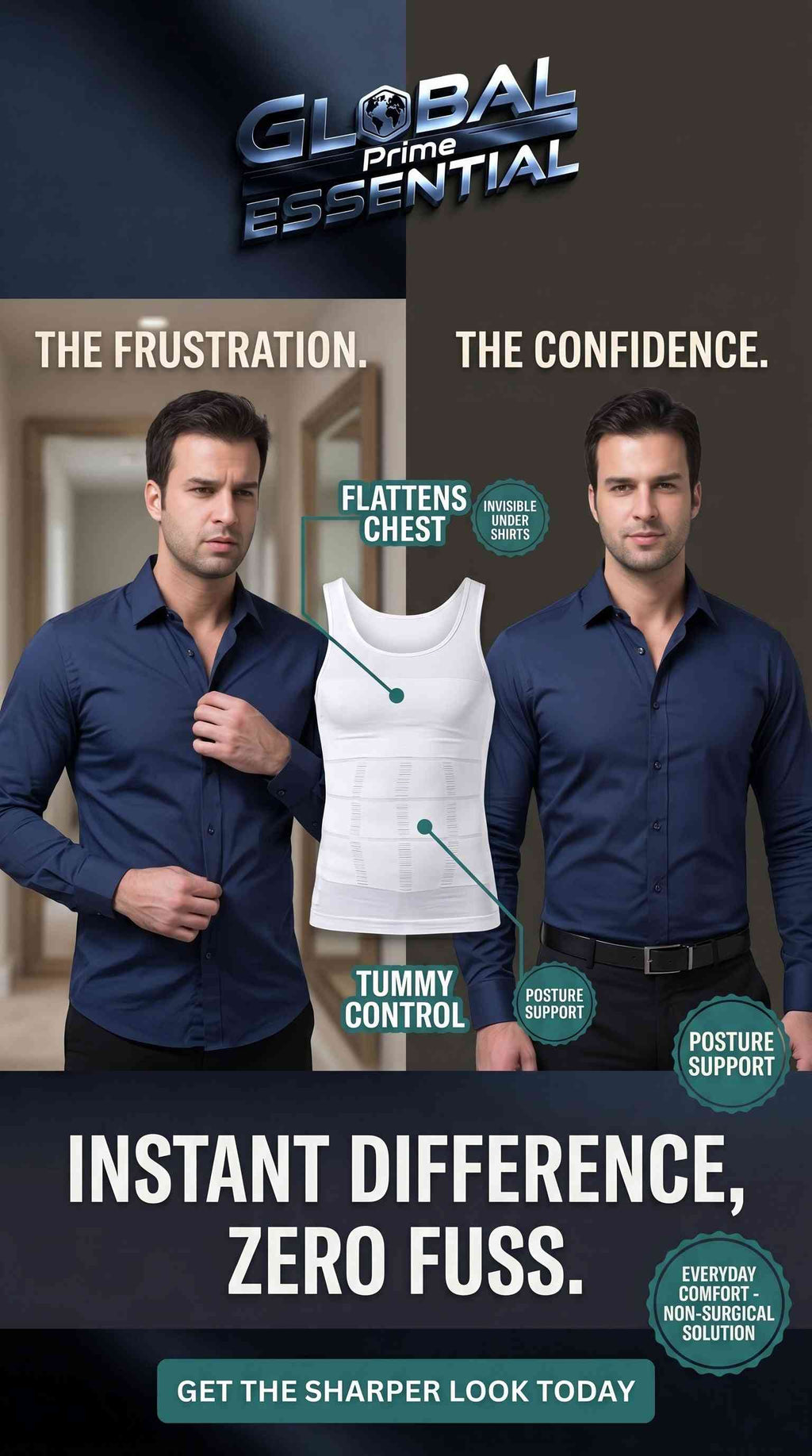 Men's slimming compression vest by Global Prime Essential, flattens chest and tones tummy for a streamlined silhouette.