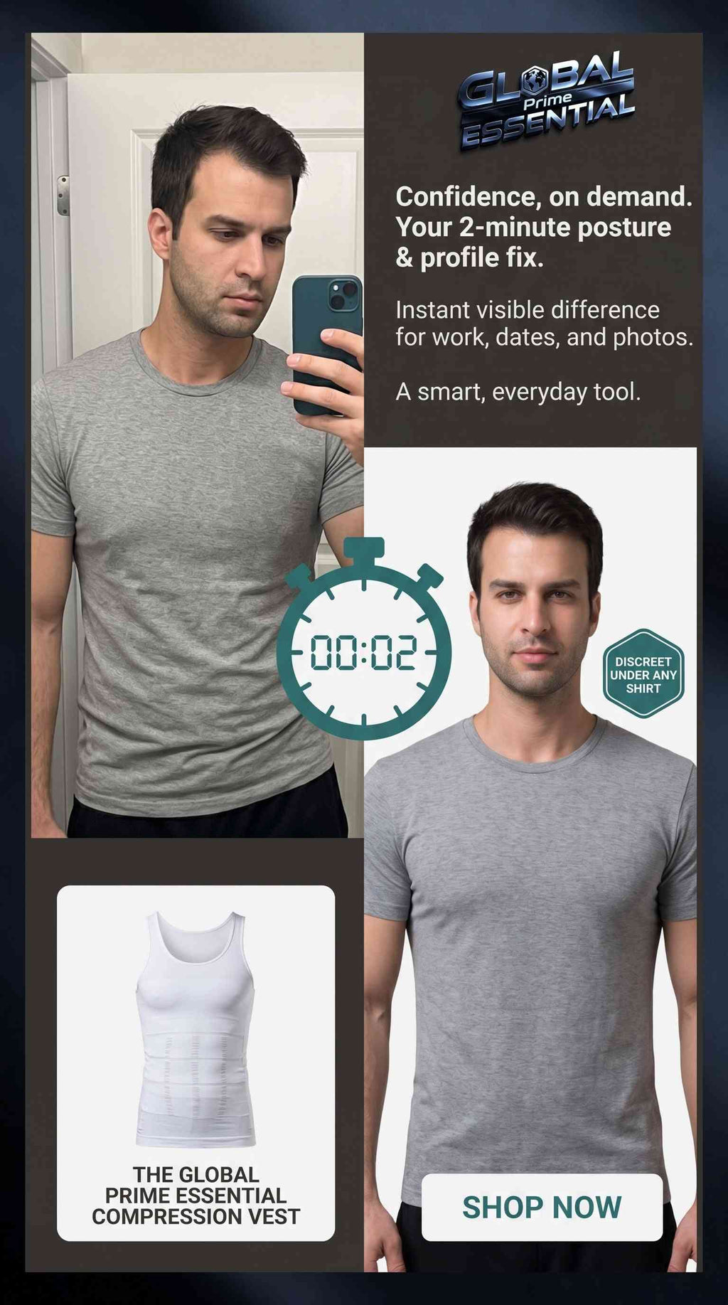 Men's slimming compression vest by Global Prime Essential, designed to flatten the chest and shape the tummy for instant confidence.