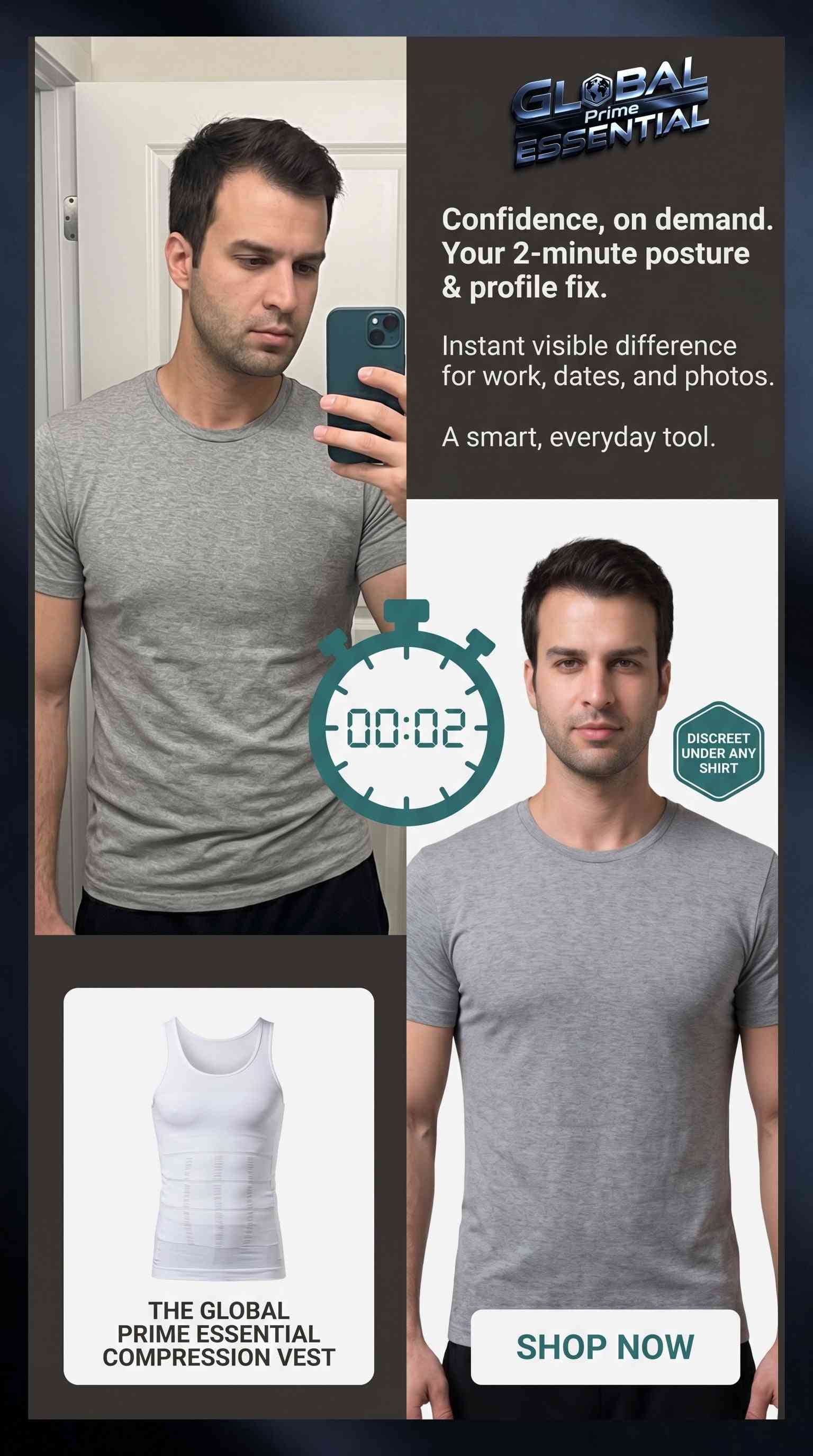 Men's slimming compression vest by Global Prime Essential, designed to flatten the chest and shape the tummy for instant confidence.