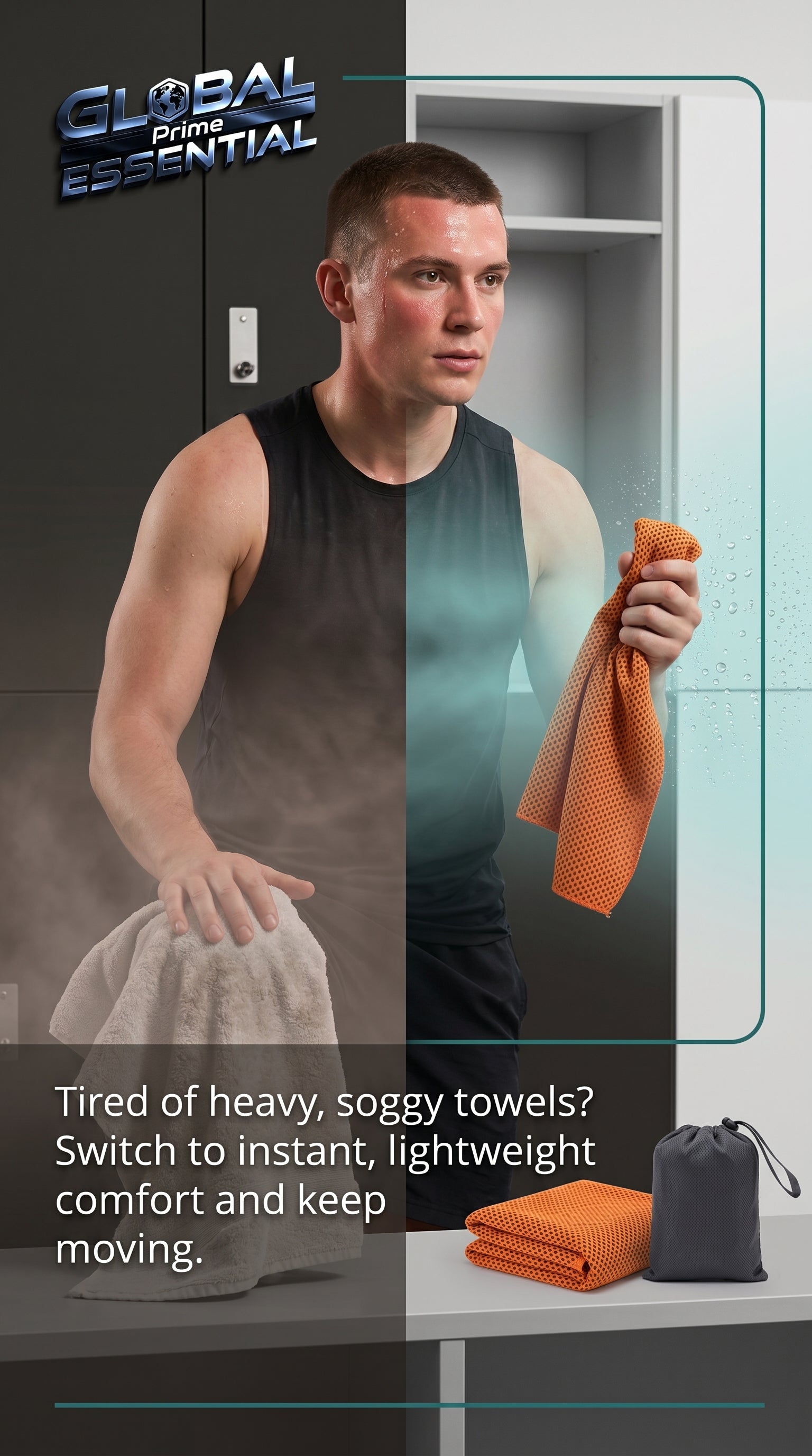 Global Prime Essential quick-dry sports cooling towel shown in a hand, designed for instant dry comfort during workouts.