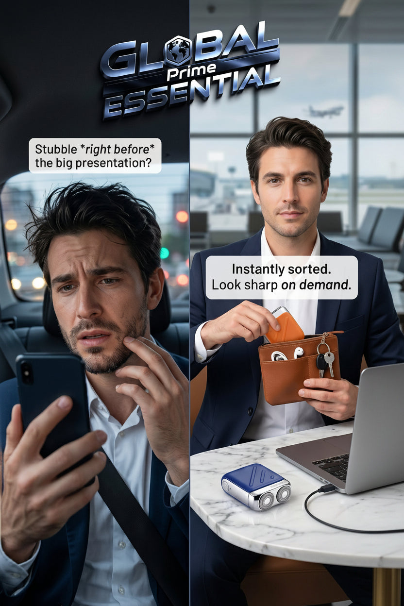 Mini waterproof electric shaver from Global Prime Essential, shown with a fresh and portable design suitable for travel and quick grooming.