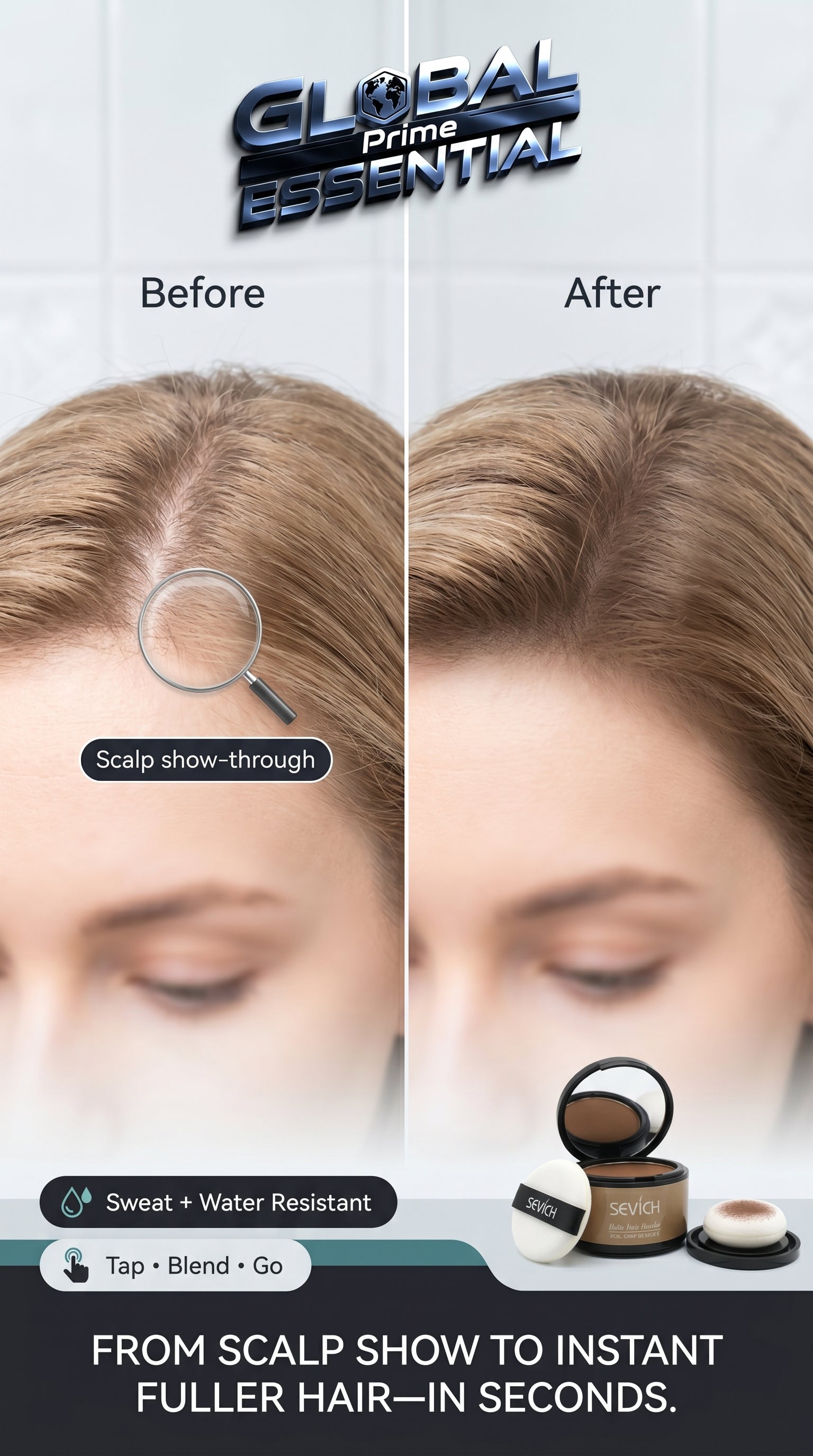 Global Prime Essential Hairline Powder for instant root filling, perfect for thinning areas and sparse hairlines.