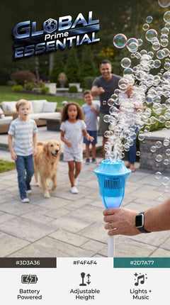 Standing bubble machine for kids by Global Prime Essential with LED lights, music, adjustable height, and battery power, creating fun and joy