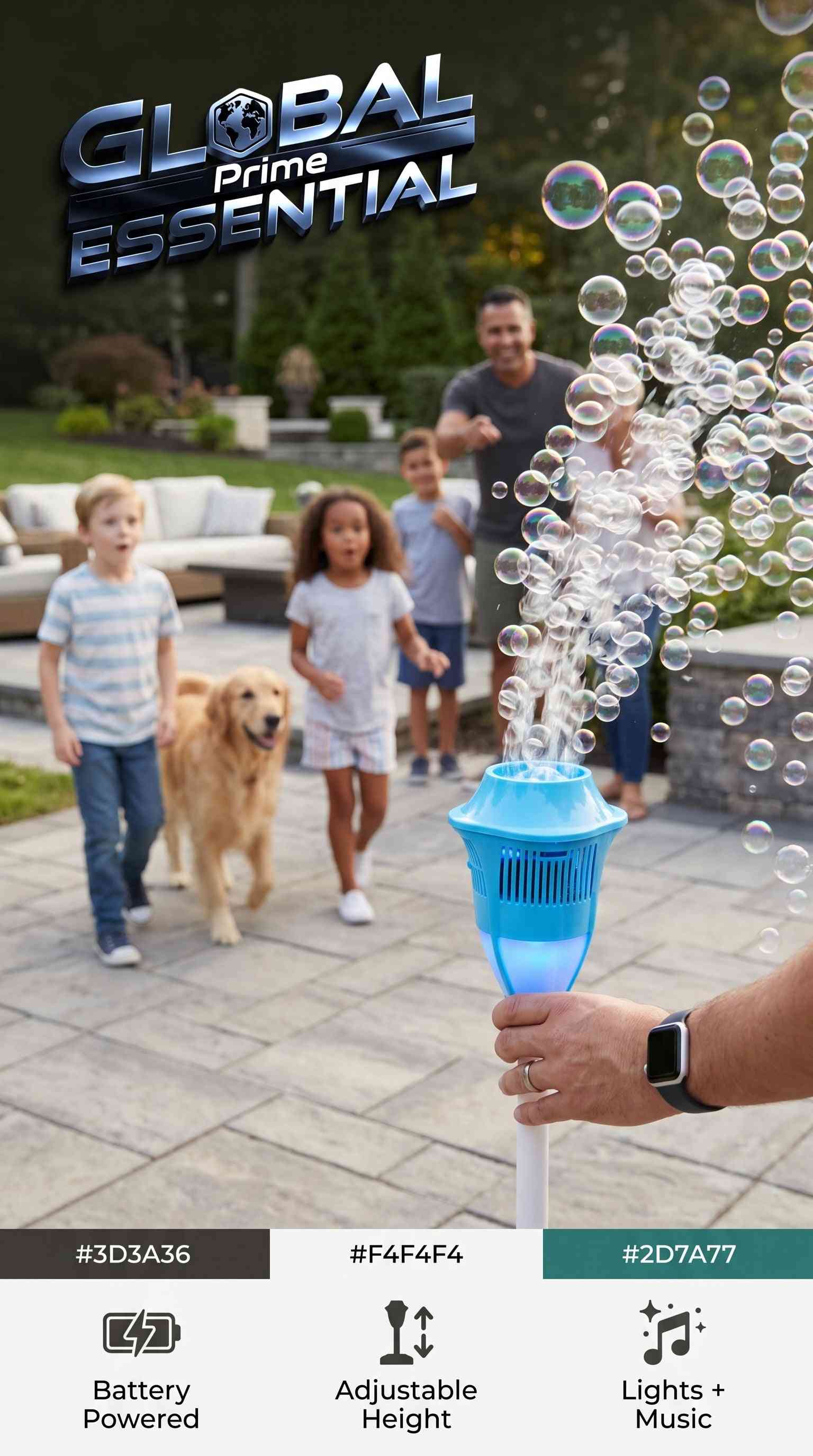 Standing bubble machine for kids by Global Prime Essential with LED lights, music, adjustable height, and battery power, creating fun and joy