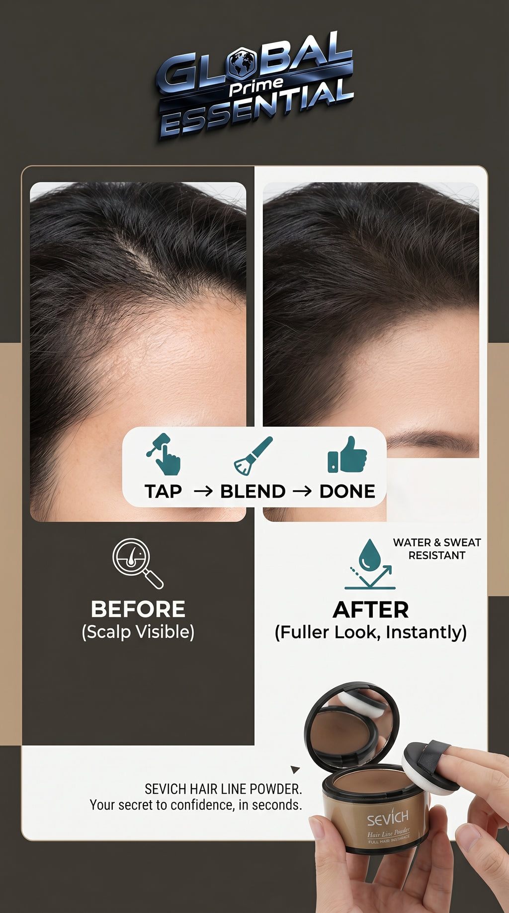 Global Prime Essential Hairline Powder for instant root filling, thinning areas, and sparse hairlines with natural-looking coverage.