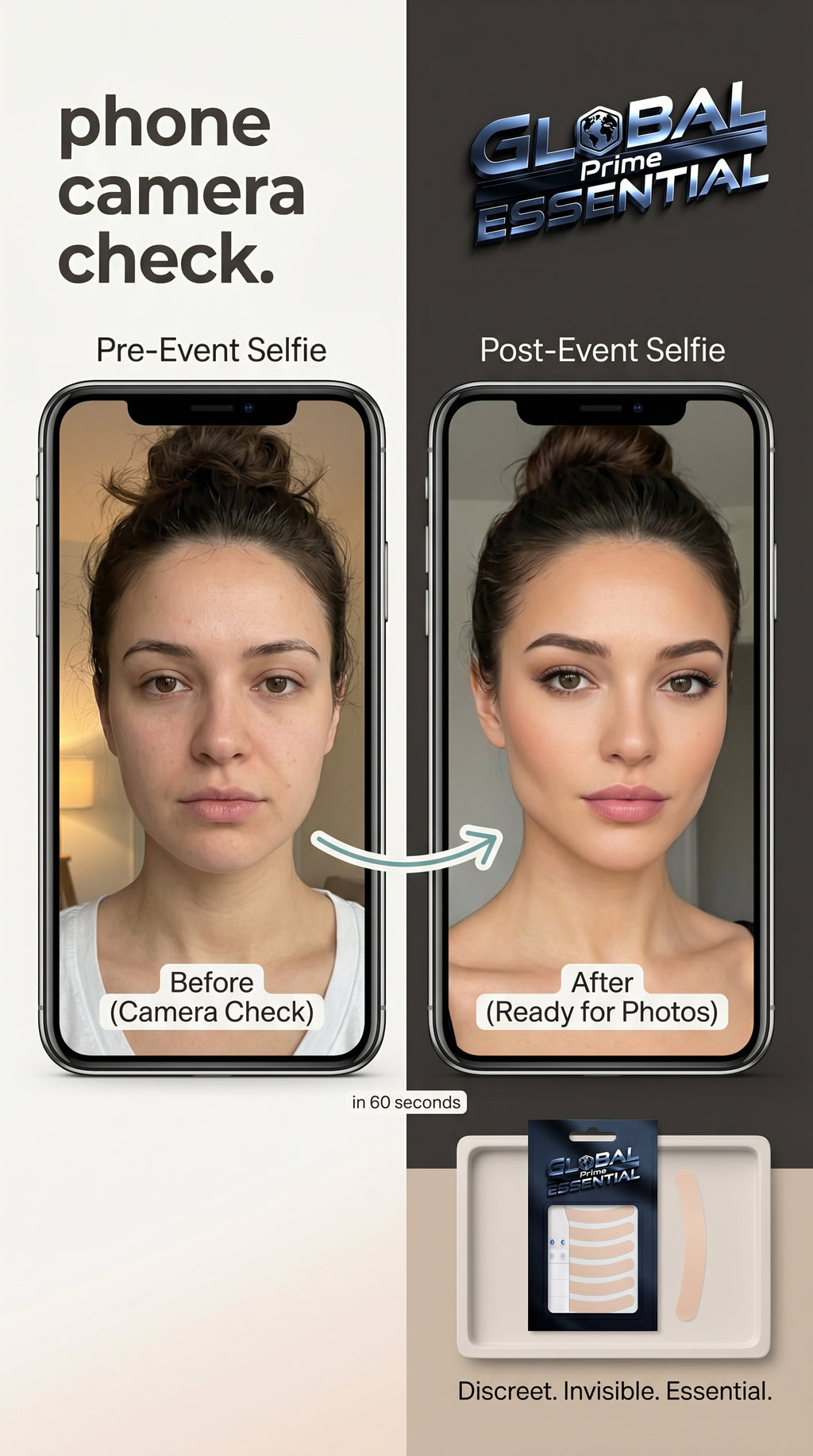 Global Prime Essential invisible face lift stickers for jawline, cheeks, and neck, providing an instant, camera-ready lifting effect.