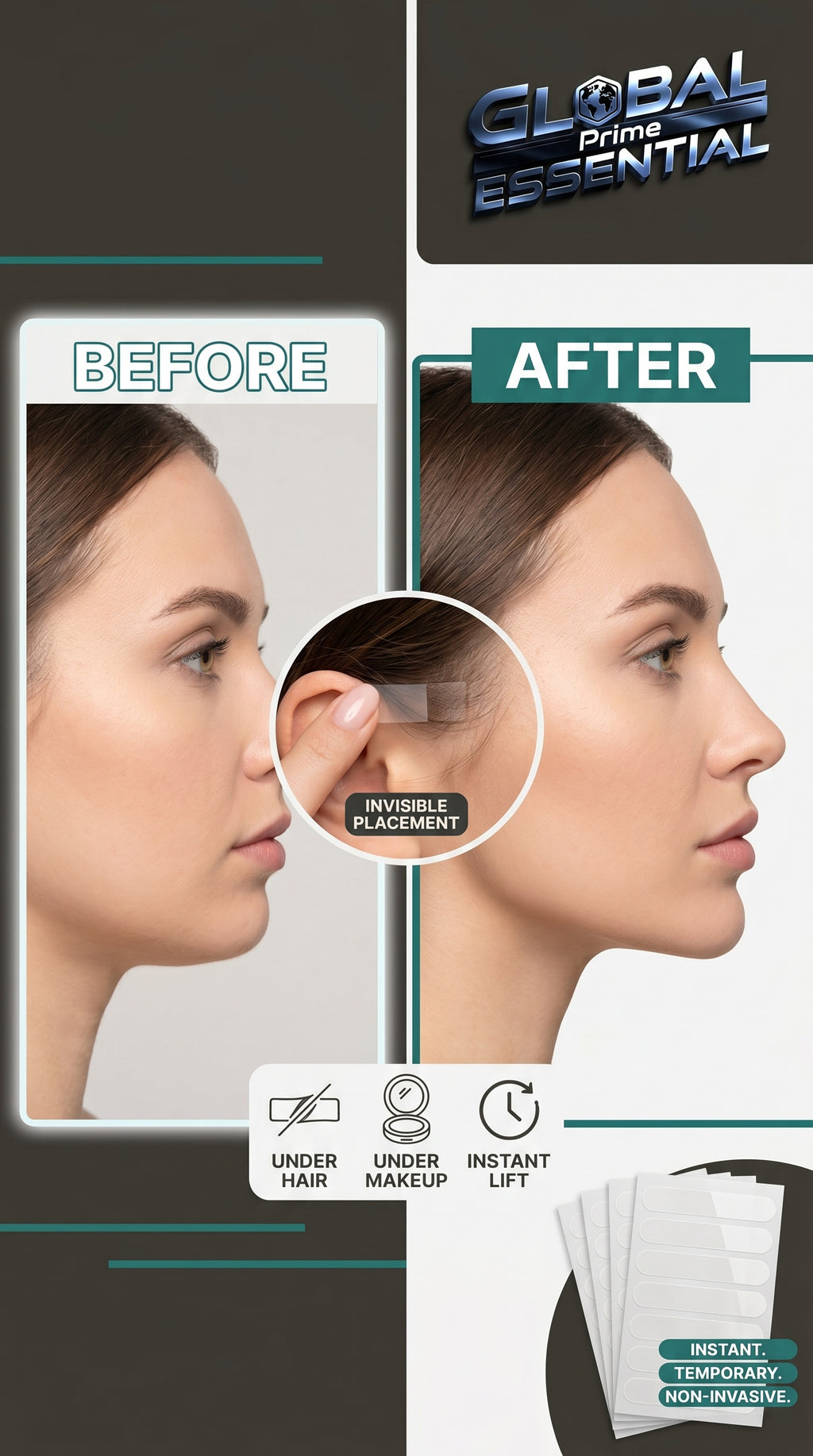 Global Prime Essential invisible face lift stickers lifting jawline, cheeks, and neck for instant photo-ready facial contouring.