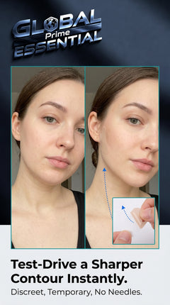 Global Prime Essential invisible face lift stickers applied along jawline and cheeks for instant skin tightening and lifting.