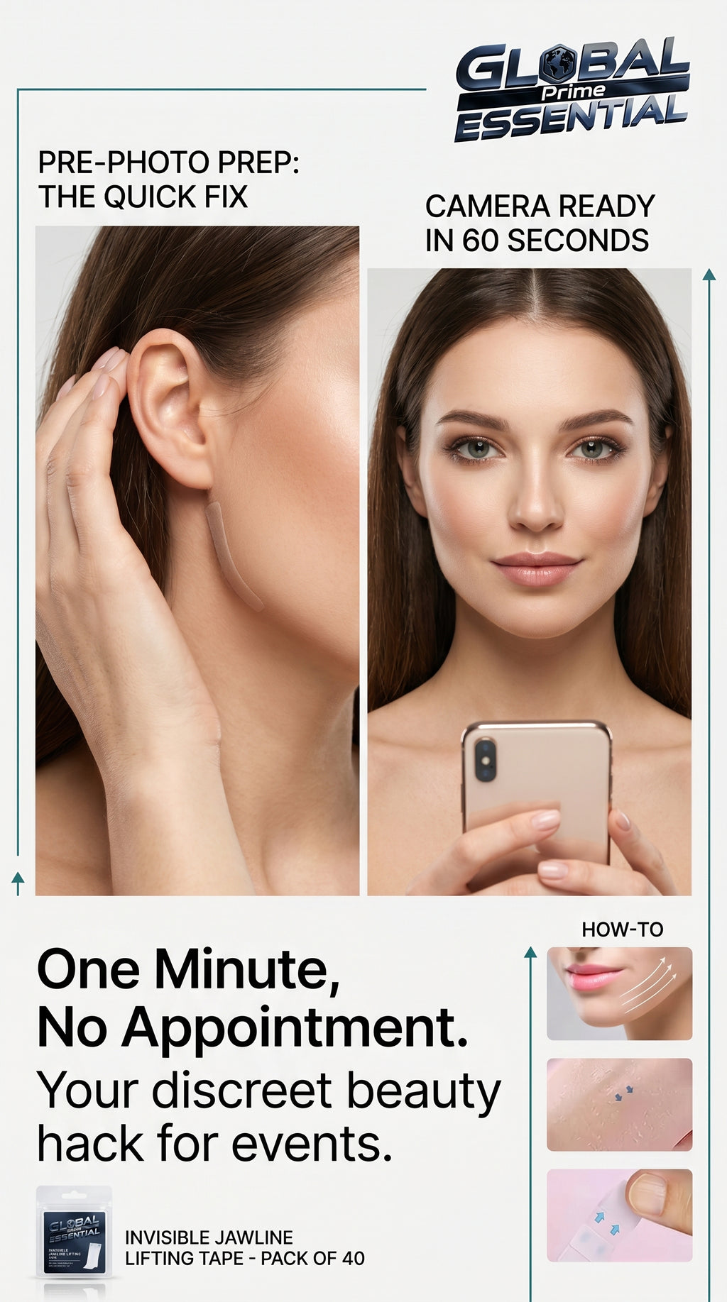 Invisible face lift stickers from Global Prime Essential, showcasing a woman with a lifted jawline, cheeks, and neck for a photo-ready look.