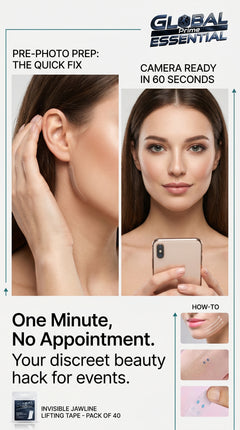 Invisible face lift stickers from Global Prime Essential, showcasing a woman with a lifted jawline, cheeks, and neck for a photo-ready look.