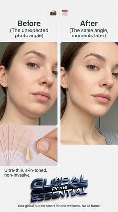 Global Prime Essential invisible face lift stickers on a woman’s jawline, cheeks, and neck for instant lifting and contouring.