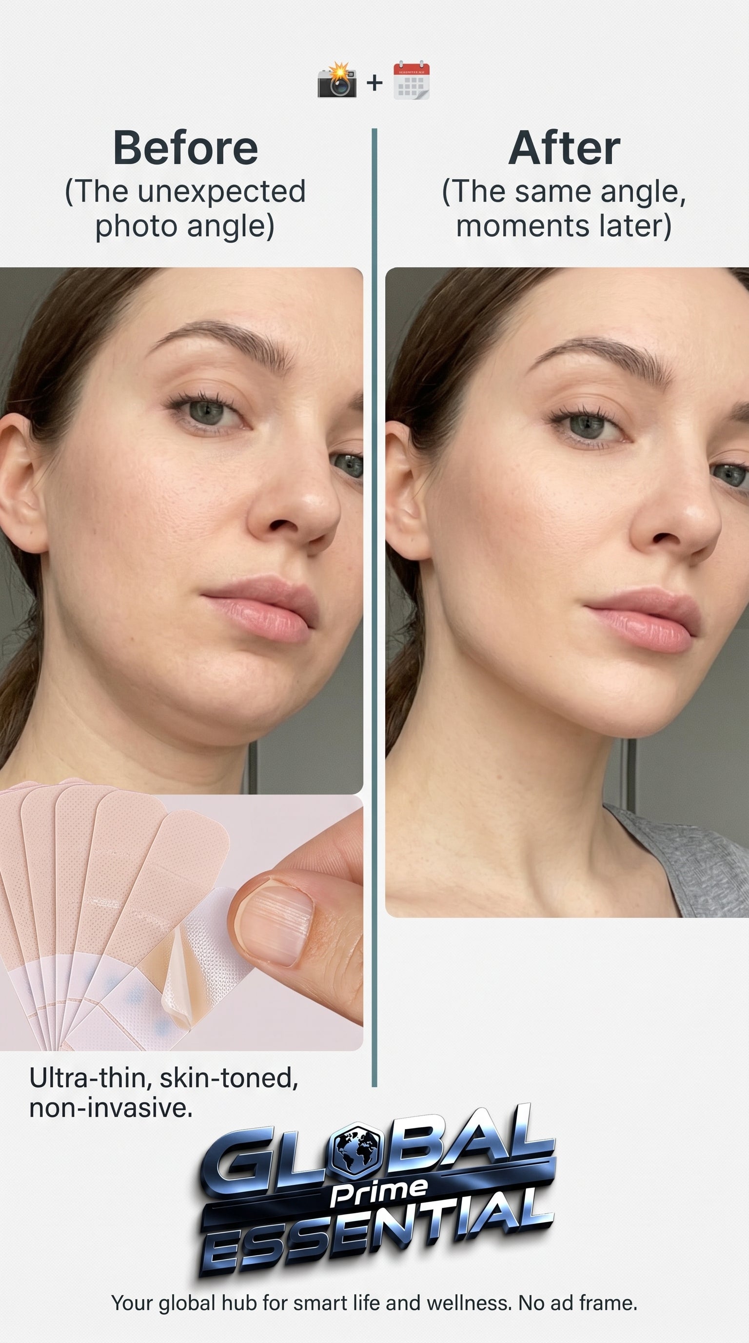 Global Prime Essential invisible face lift stickers on a woman’s jawline, cheeks, and neck for instant lifting and contouring.