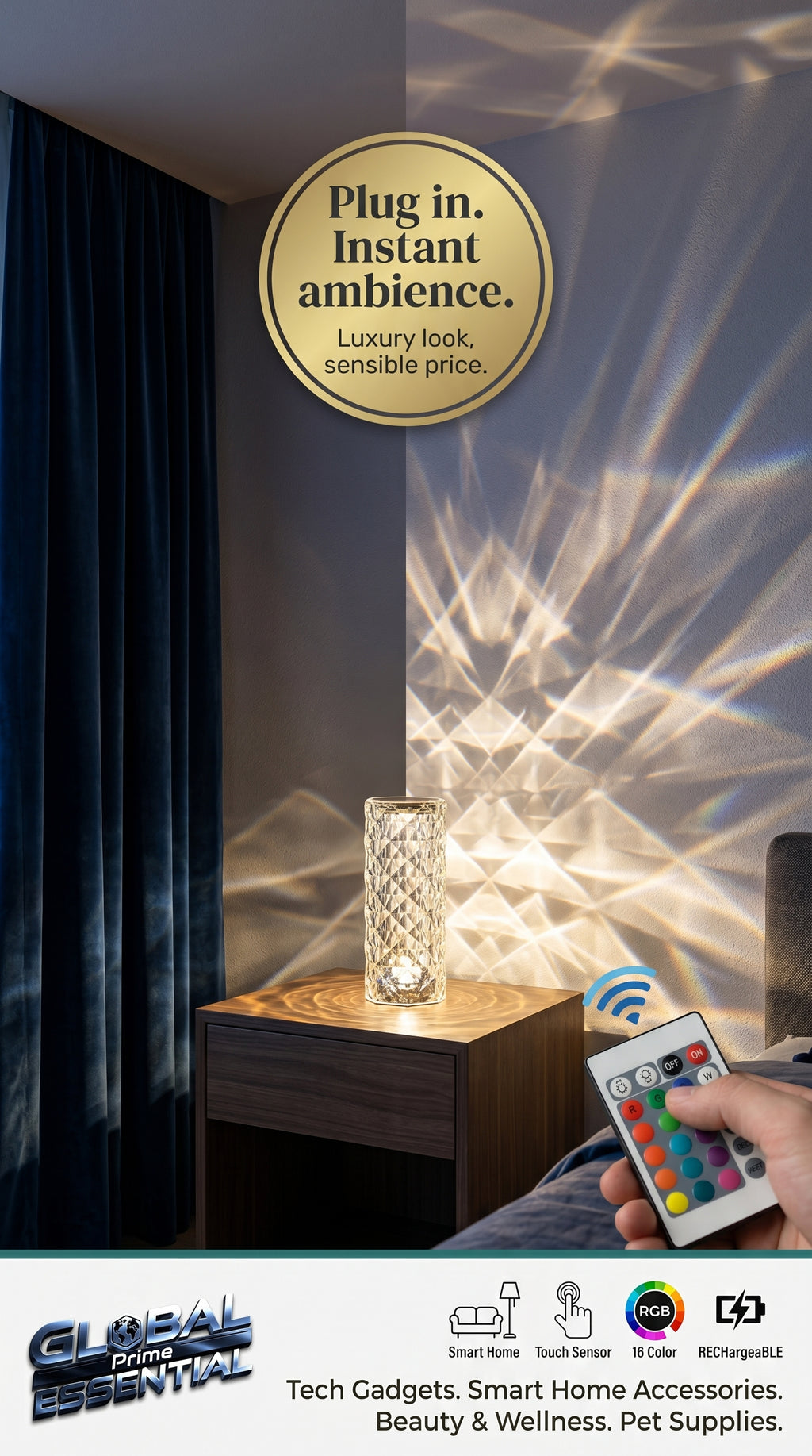 Global Prime Essential crystal lamp providing elegant, luxurious lighting to enhance your home ambiance with sparkling crystal details.