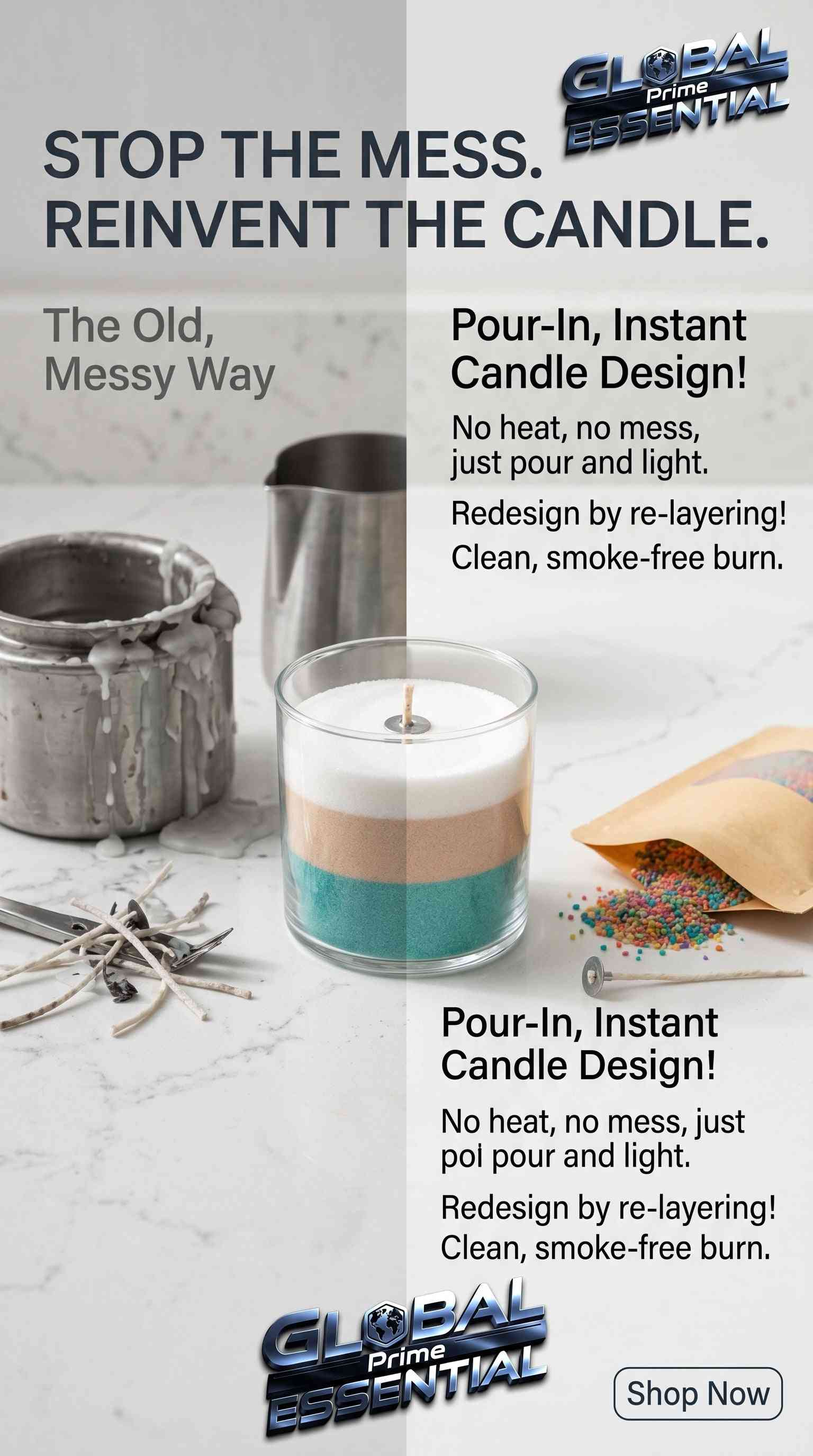 Colorful granular pearl candle wax by Global Prime Essential for DIY candle making, smoke-free, clean burn, available in 16 vibrant colors.