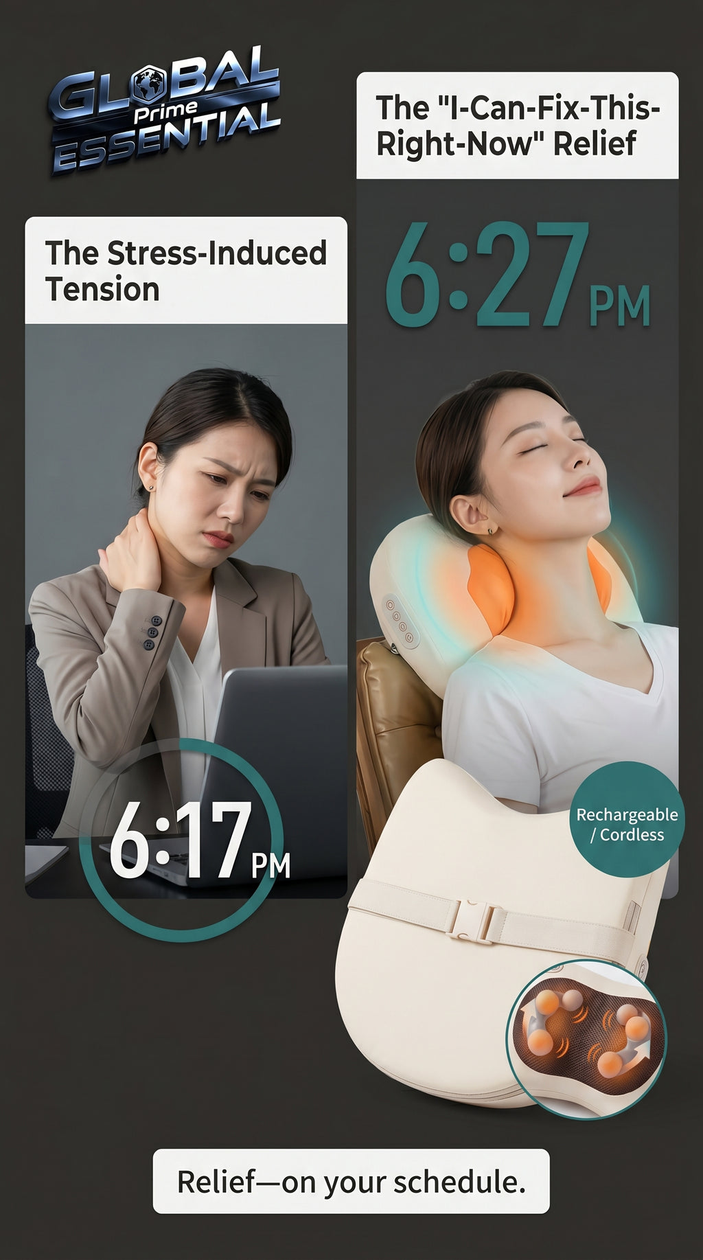 Global Prime Essential electric trapezius massage pillow providing instant relief in 10 minutes for neck and shoulder tension.