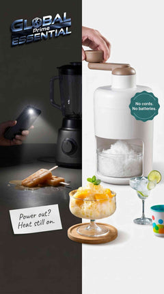 Global Prime Essential hand crank ice crusher and slushie maker for manual snow cone preparation, suitable for use anywhere.