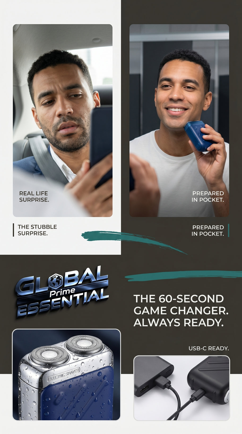 Global Prime Essential Mini Waterproof Electric Shaver providing instant smoothness for on-the-go grooming.