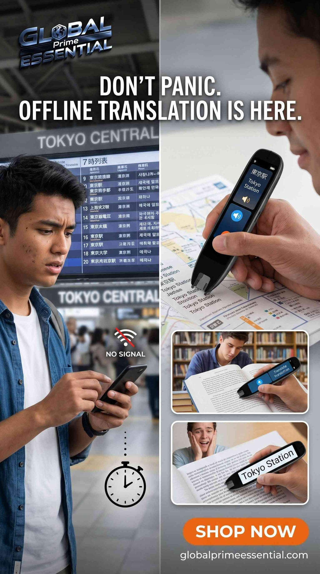 Global Prime Essential Scan Translator Pen with IPS screen, offline mode, recording, supports 131 languages, ideal office accessory.
