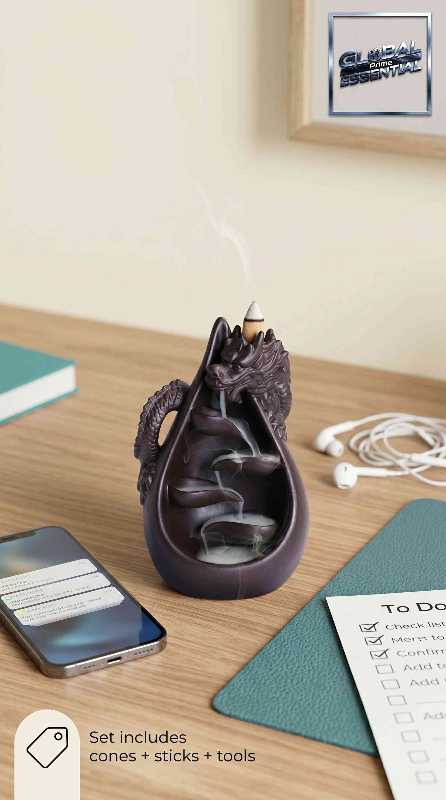 Ceramic dragon backflow incense burner set with waterfall effect, includes 45 cones and 40 sticks for calming incense burning.
