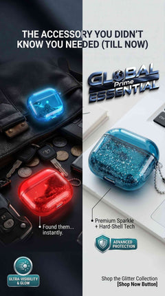Luminous Quicksand AirPods case by Global Prime Essential, glow-in-the-dark shimmering hard shell cover for AirPods 2, 3, 4, and Pro.
