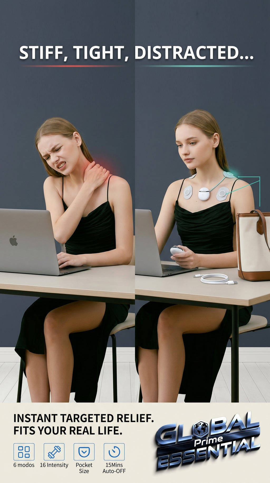 Global Prime Essential portable pulse EMS massager used on neck and shoulders for pain relief.