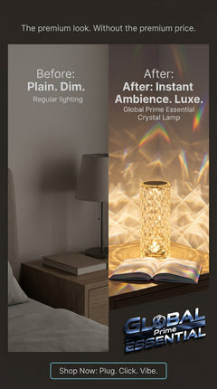 Global Prime Essential crystal lamp glowing softly, creating a calming and elegant ambiance in a modern room.