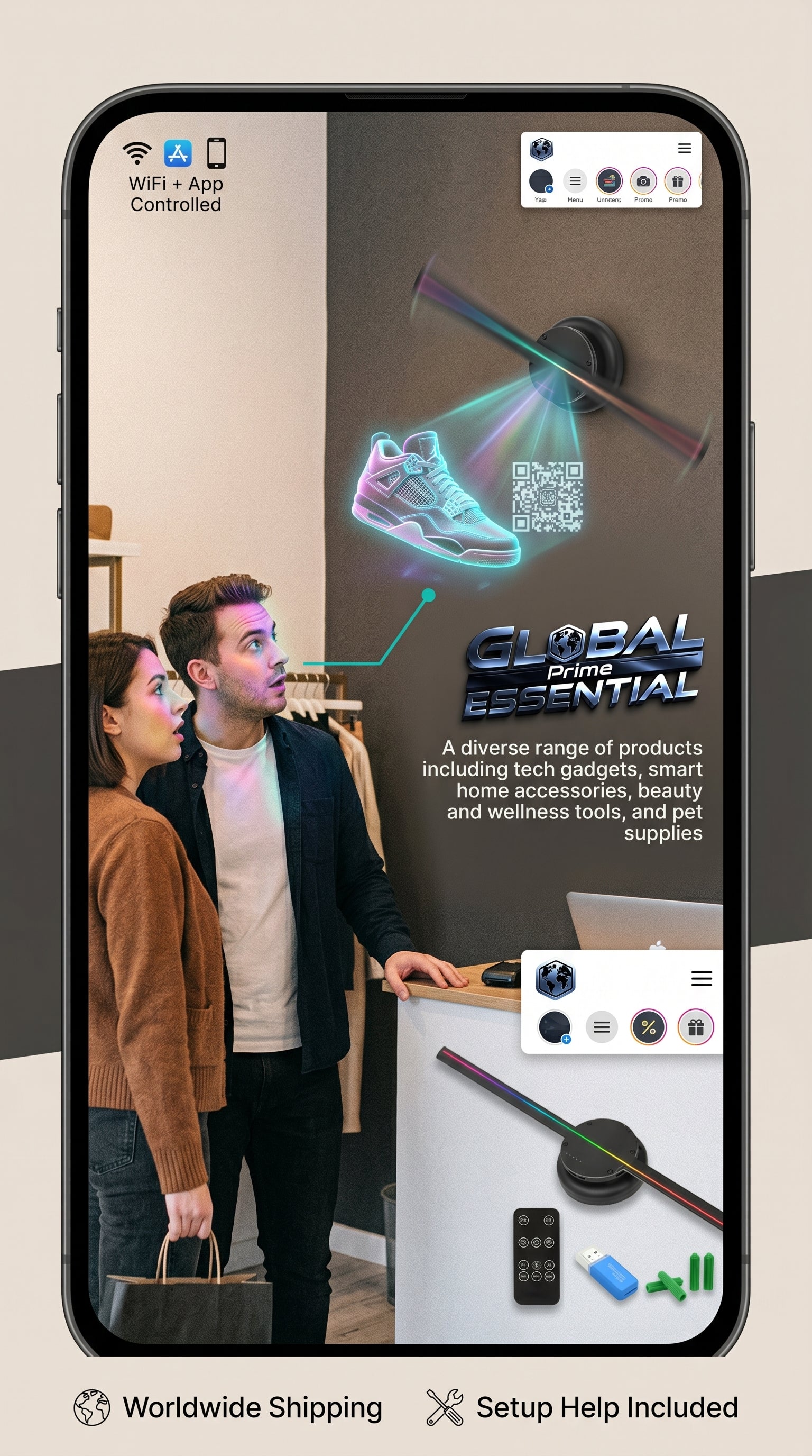 Global Prime Essential 3D hologram fan displaying floating 3D images, perfect for shops, events, and home decor.