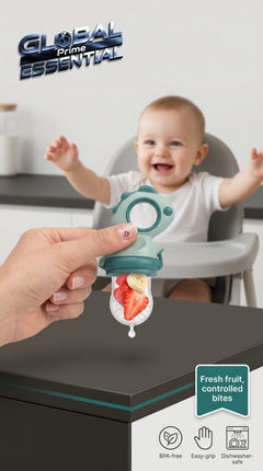 Global Prime Essential baby fruit squeezer feeder with fresh fruit in a clear container, designed for safe, easy feeding of infants.