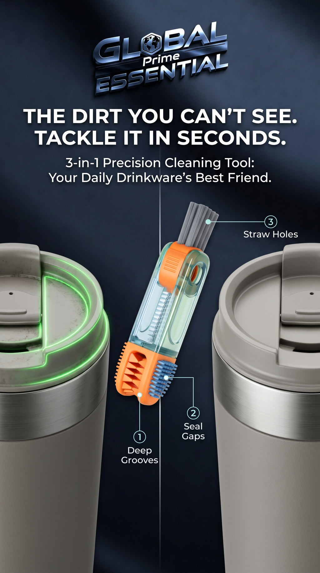 Global Prime Essential 3-in-1 cup lid gap cleaning brush cleaning hidden grime from bottle lids and hard-to-reach areas.