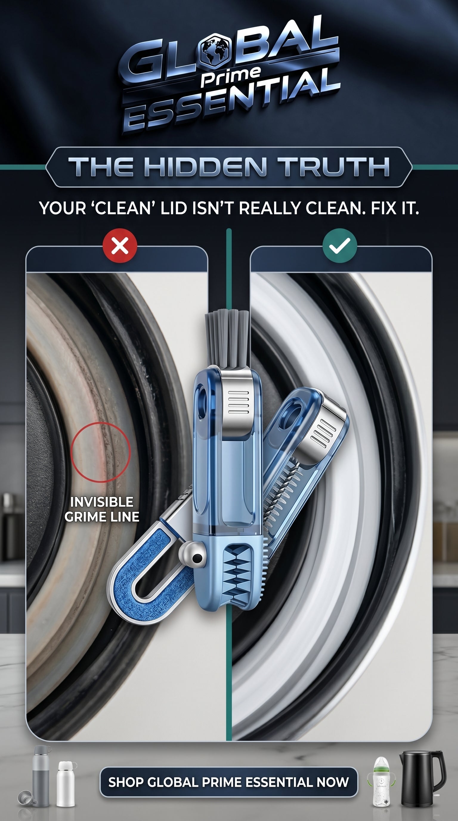 Global Prime Essential 3-in-1 cup lid gap cleaning brush with multiple brush heads for thorough bottle and lid cleaning.