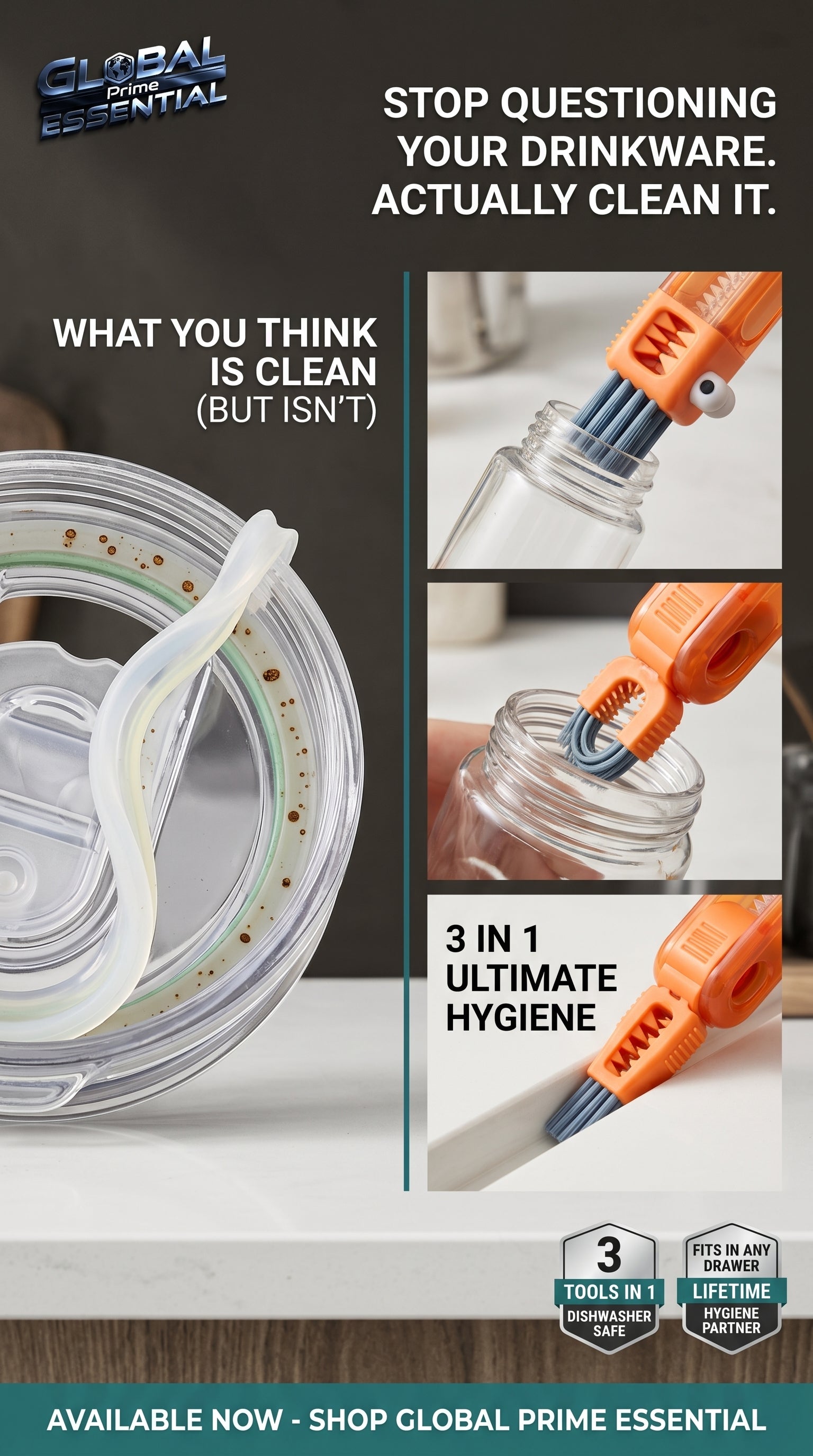 Global Prime Essential 3-in-1 Cup Lid Gap Cleaning Brush showing its bristles and handle for thorough bottle lid cleaning.