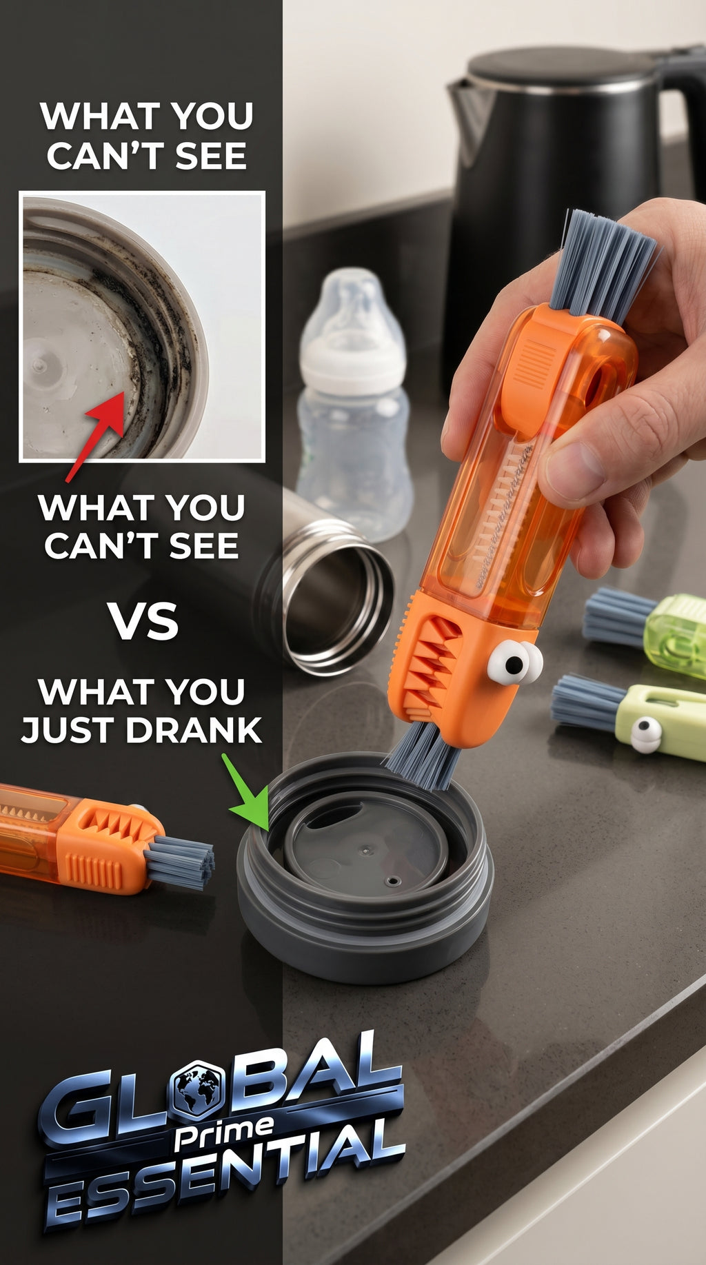 Global Prime Essential 3 in 1 Cup Lid Gap Cleaning Brush cleaning mug lid gaps and hard-to-reach areas for thorough cup maintenance.