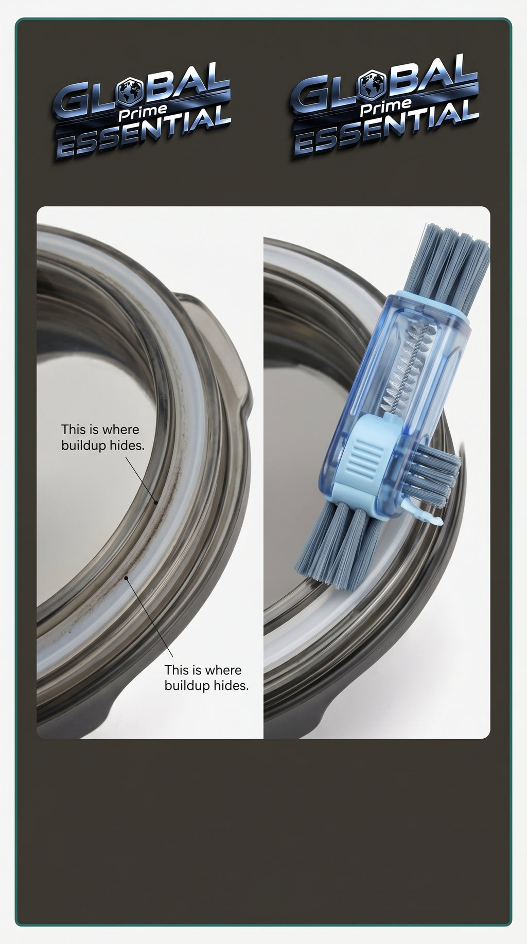 Global Prime Essential 3-in-1 Cup Lid Gap Cleaning Brush with flexible bristles for thorough cleaning of cup lids and narrow gaps.