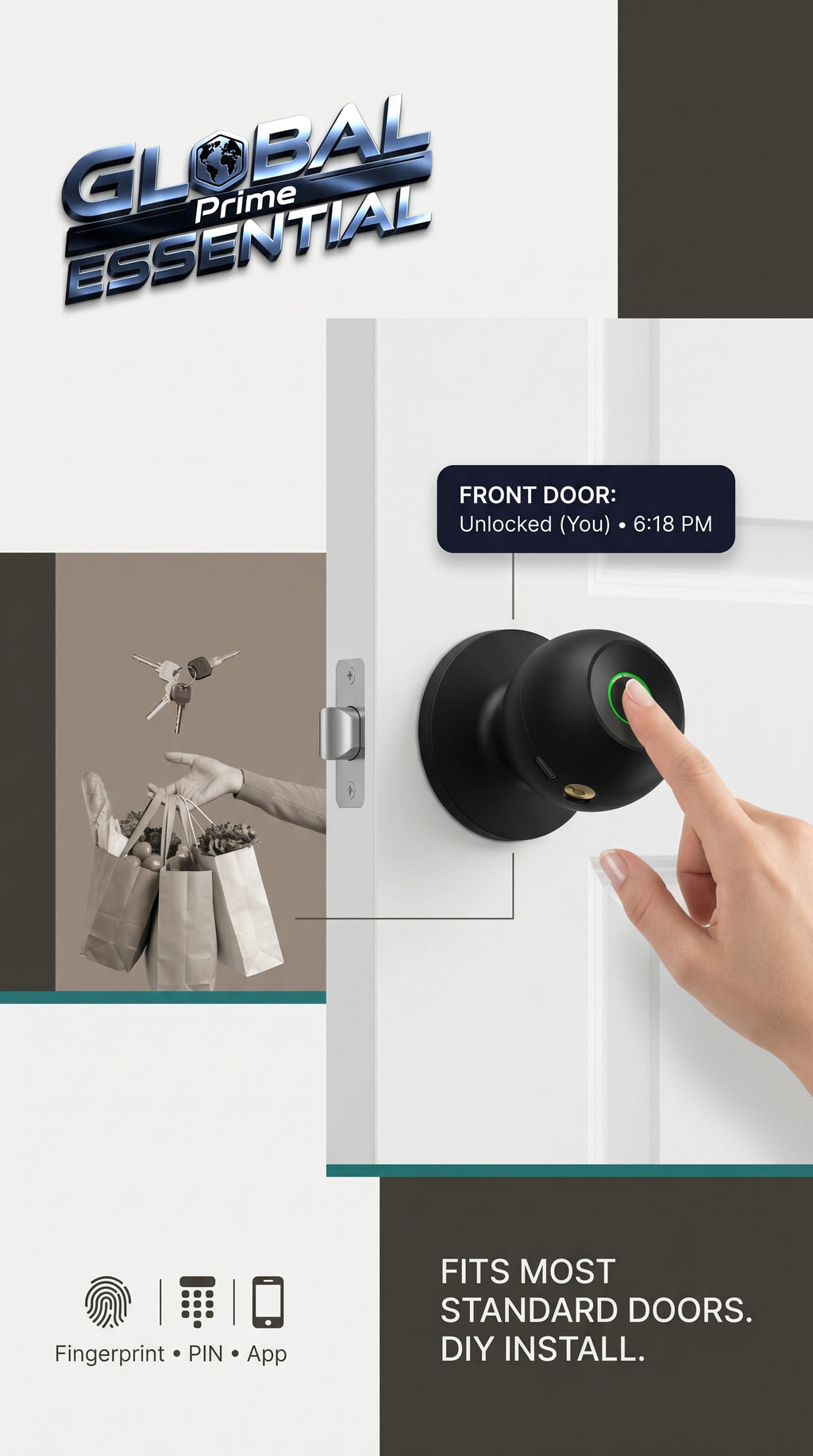 Global Prime Essential smart door knob with keyless entry and modern design for secure home access.