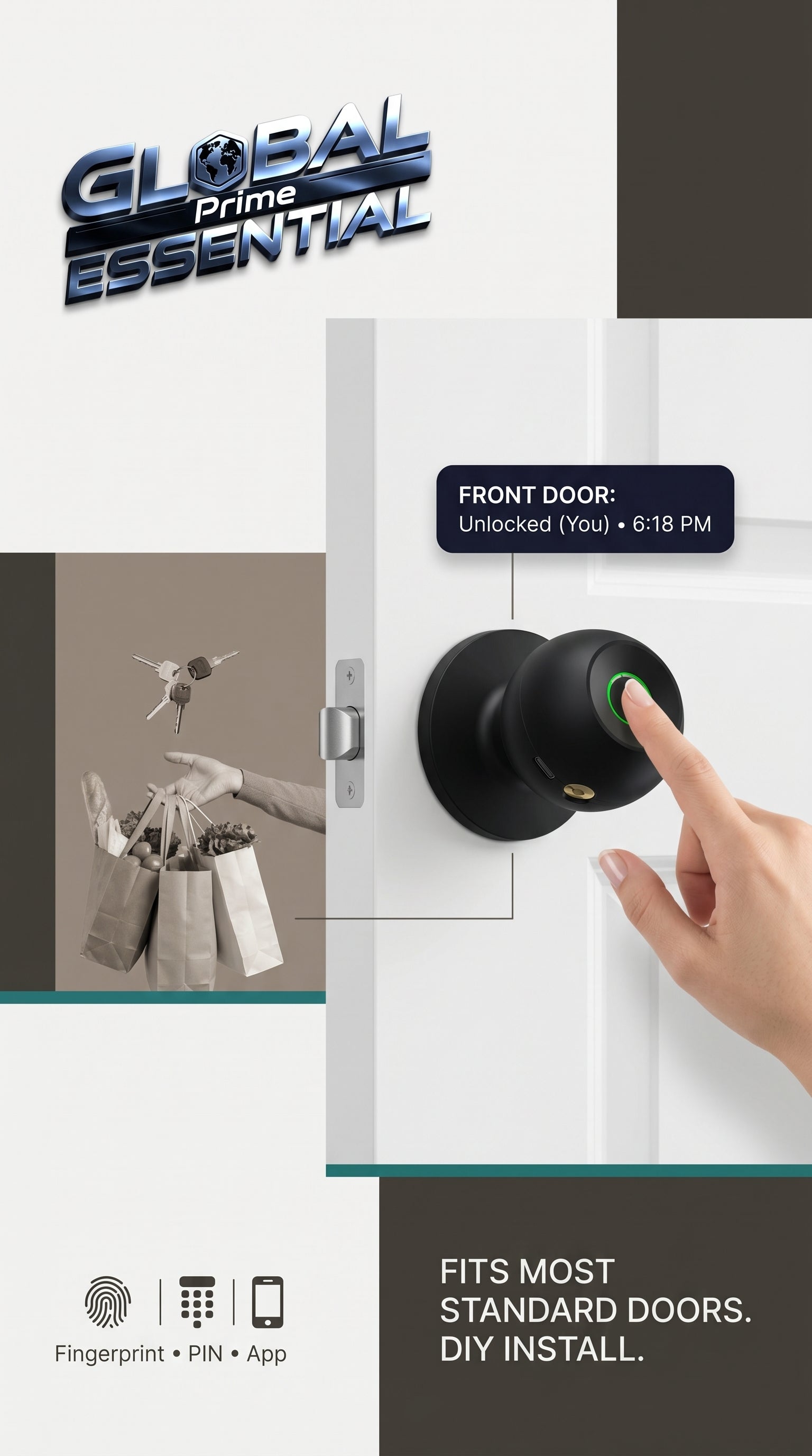 Global Prime Essential smart door knob with keyless entry and modern design for secure home access.