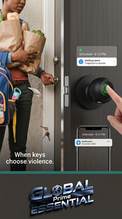 Global Prime Essential smart door knob with keys and a calm unlocking scene, showcasing modern security and easy access.
