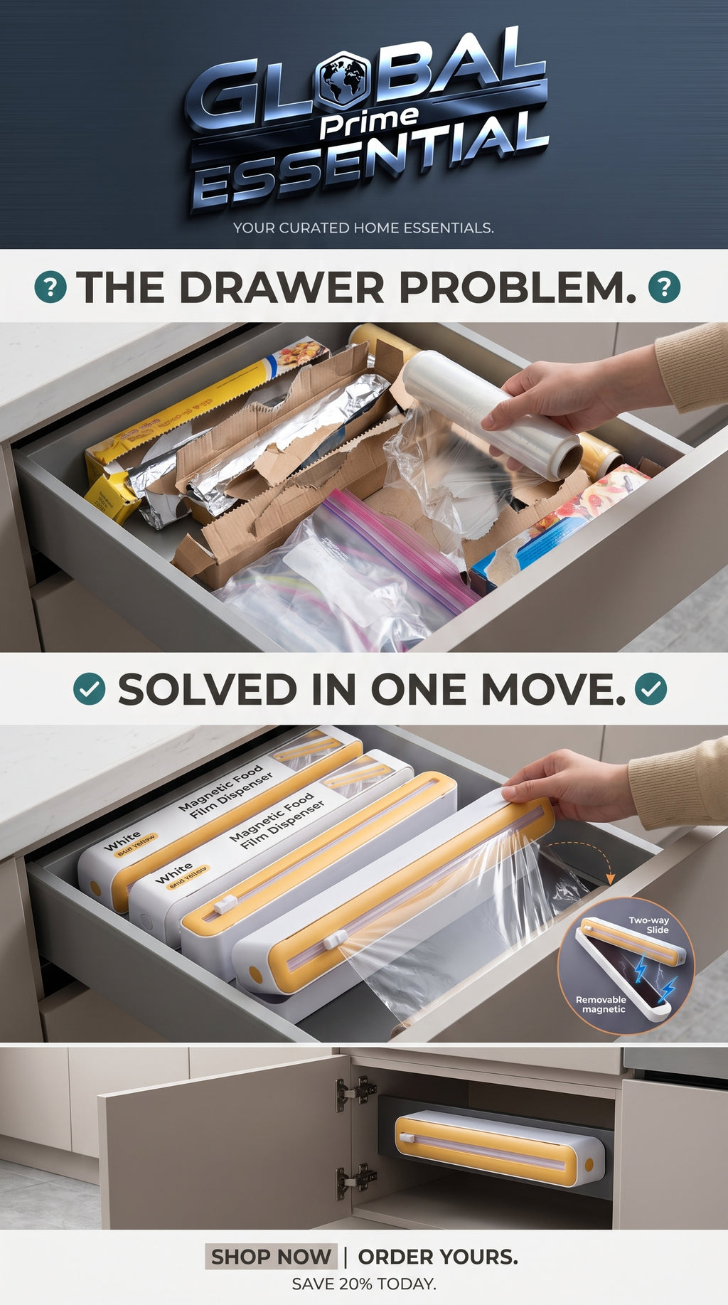 Global Prime Essential foil and plastic wrap organizer holding rolls in a tidy kitchen drawer for easy access and storage.