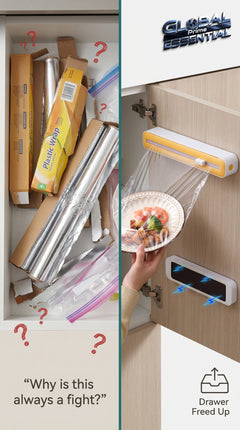 Global Prime Essential foil and plastic wrap organizer on a kitchen countertop, neatly holding kitchen wraps for easy access.