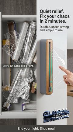 Global Prime Essential foil and plastic wrap organizer for kitchen, neatly holding kitchen wraps and keeping your countertop organized.