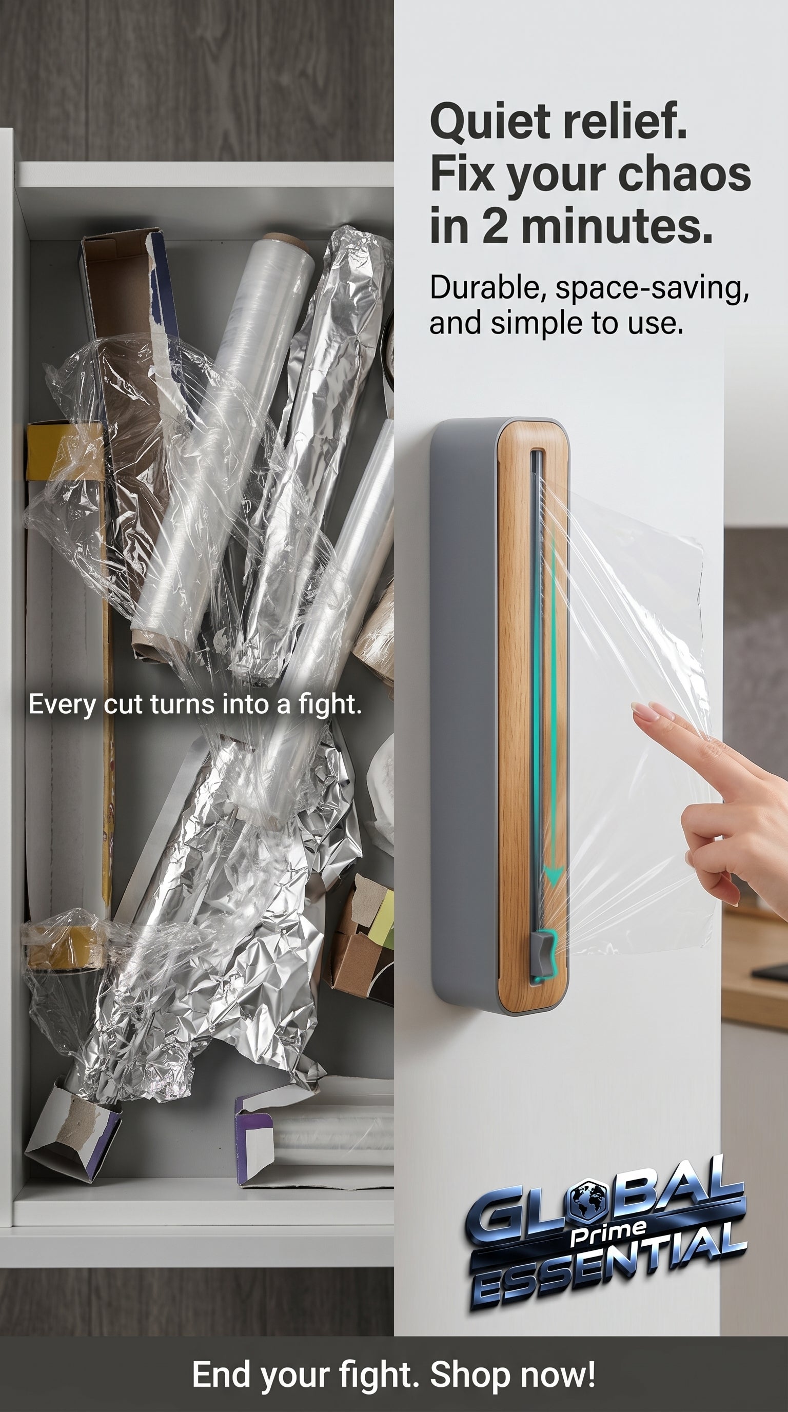 Global Prime Essential foil and plastic wrap organizer for kitchen, neatly holding kitchen wraps and keeping your countertop organized.